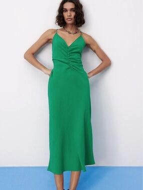 Brand New With Tags Zara Green Ruched V-Neck Slip Dress Medium